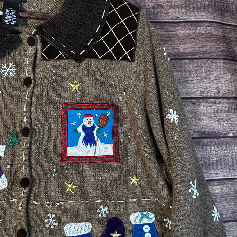 VTG Studio Joy Designers Snowman Ugly Christmas Snowman Sweater Cardigan 2X - Picture 4 of 12